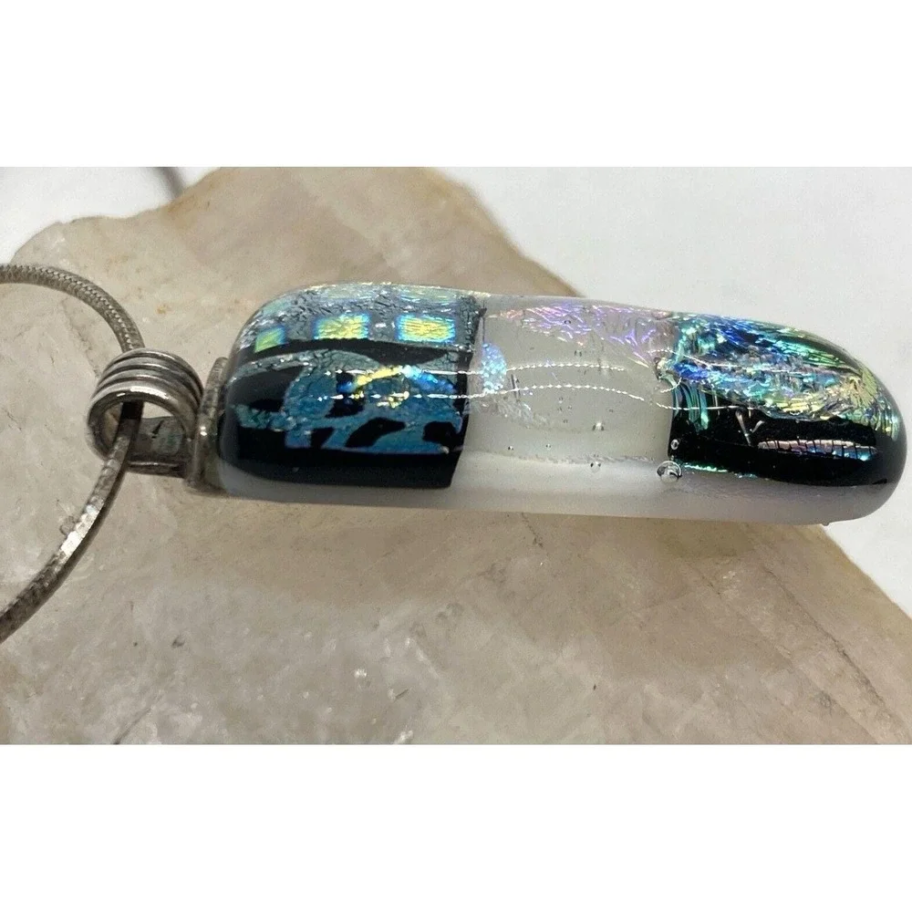 Vintage Dichroic Glass Pendant 16'' Chain Necklace Sterling 925 Silver‎ 8.9g